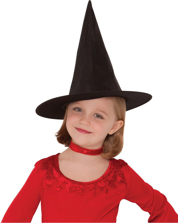 Image of girl wearing black pointed witch hat. 