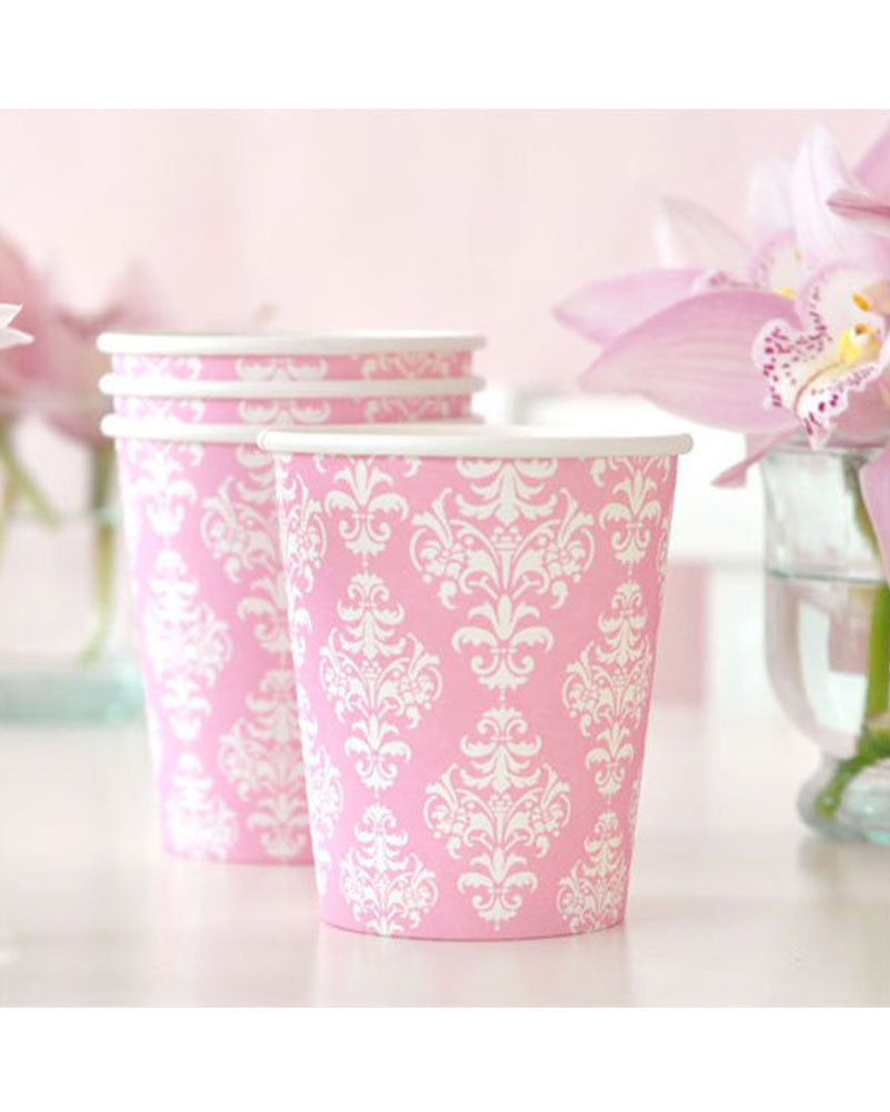 Pink Damask 300ml Paper Cups Pack of 12