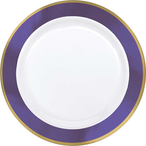Premium Plastic Plates 19cm White with New Purple Border Pack of 10