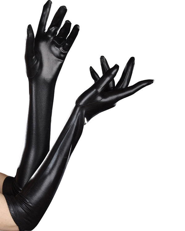 Dominique Long Black Shiny Gloves