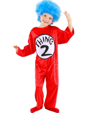 Image of child wearing red Dr Seuss Thing 1 and 2 costume.