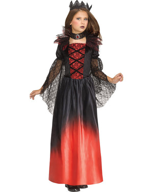 Image of girl wearing black and red vampire dress with black lace detail.