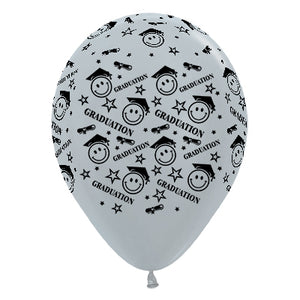 Sempertex 30cm Graduation Smiley Faces Satin Pearl Silver Latex Balloons, 6PK Pack of 6