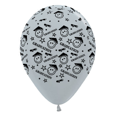 Sempertex 30cm Graduation Smiley Faces Satin Pearl Silver Latex Balloons, 6PK Pack of 6