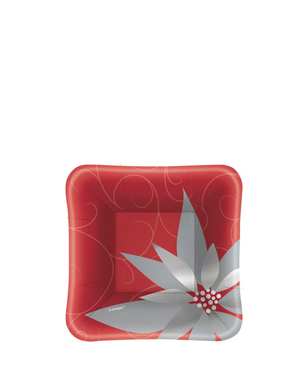 Image of square red Christmas plate with silver flower.