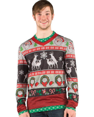 Ugly Frisky Deer Christmas Sweater Faux Real Mens T-Shirt