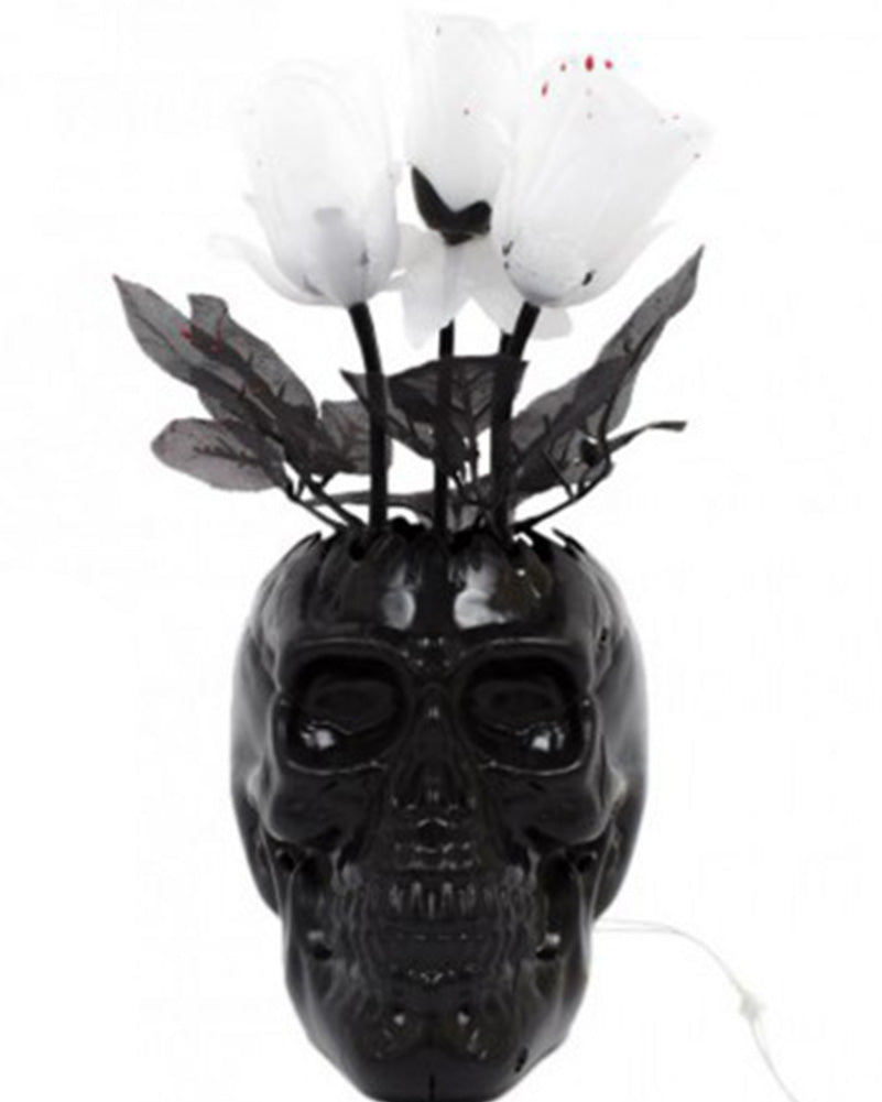 Musical Black Skull Vase with Animated Bloody Roses
