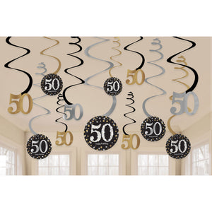 50th Sparkling Celebration Hanging Swirl Decorations Pack of 12