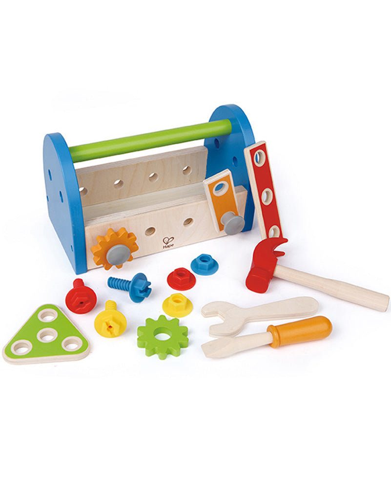 Image of childrens tool box with tolls such as a hammer, screwdriver and more.
