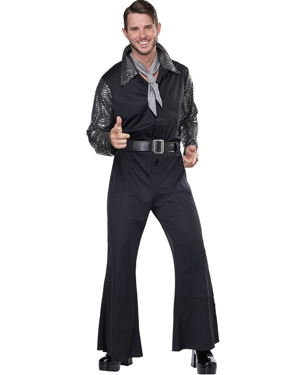 Image of man wearing black 70s jumpsuit.