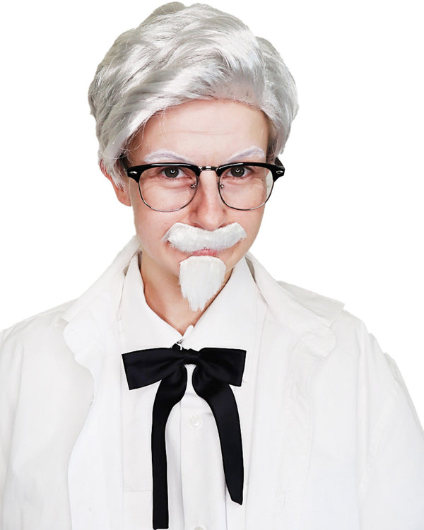 Fried Chicken Colonel Grey Wig Mo Goatee Glasses and Tie Set