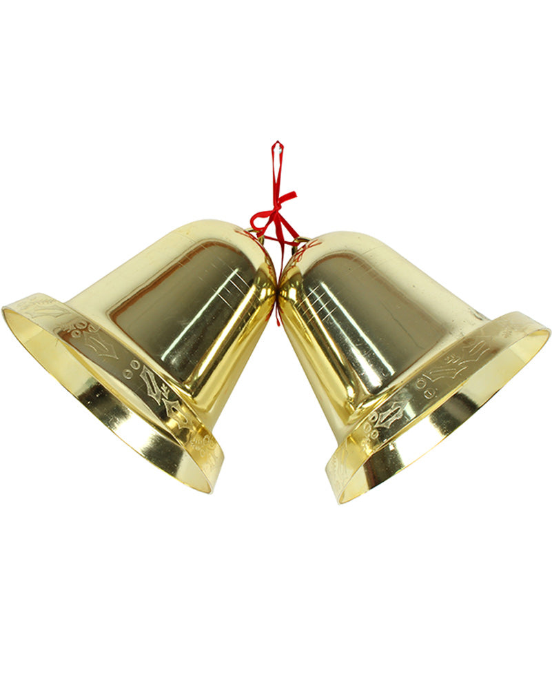 Christmas Gold Giant Bells On Flocked Ribbon 25cm
