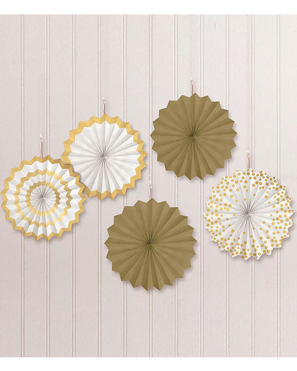 Mini Gold Foil Stamped Paper Fan Hanging Decorations Pack of 5