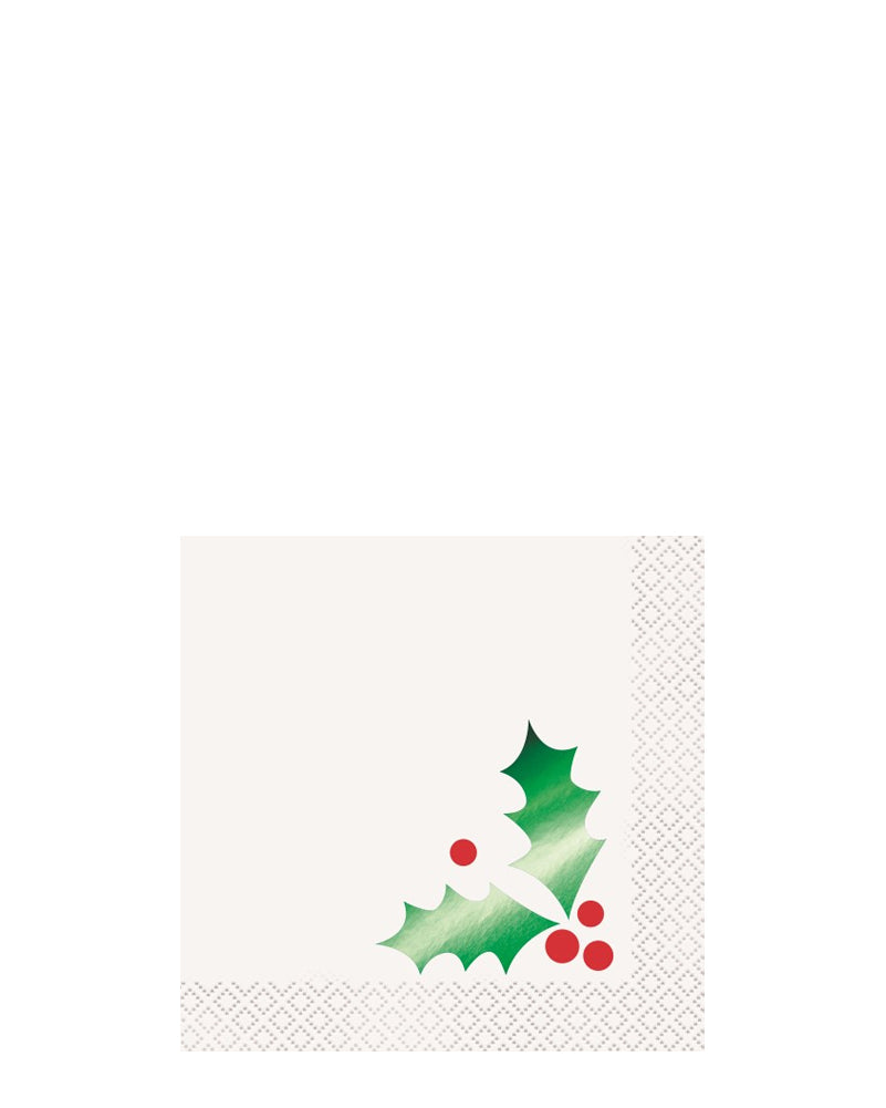 Image of white Christmas napkin with green holly bunch.