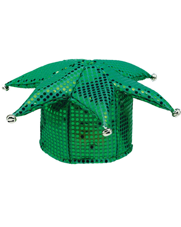 Image of green sequin jester hat with bells attached. 
