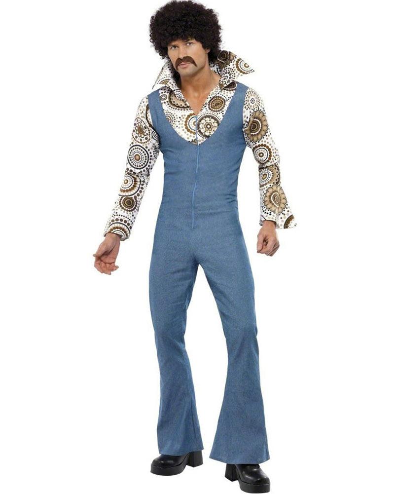 Image of man wearing 70s style blue overalls and printed shirt with large collar.