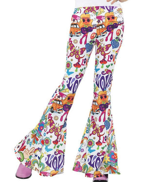 Image of flared pants with colourful 70s style prints. 