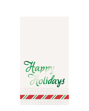 Image of white Christmas napkin with 'Happy Holidays' written in green.