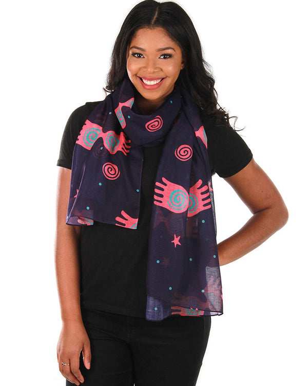 Image of woman wearing dark purple and pink Harry Potter Luna Spectrespecs scarf.