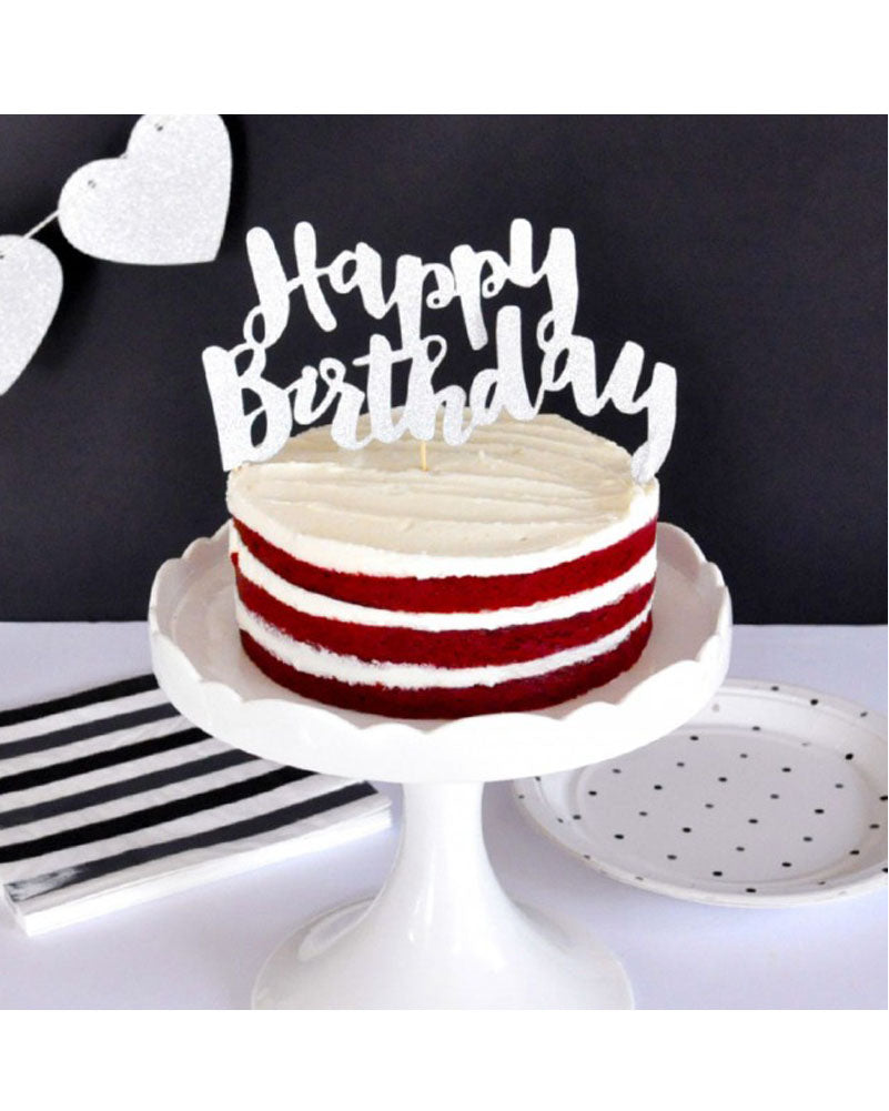 Silver Glitter Happy Birthday Cake Topper