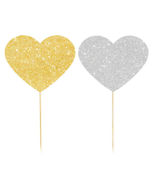Gold and Silver Hearts Reversible Cupcake Topper Pack of 12