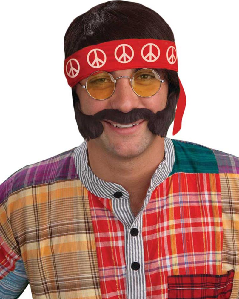 60s Hippie Wig Sideburns Moustache Glasses and Headband Kit