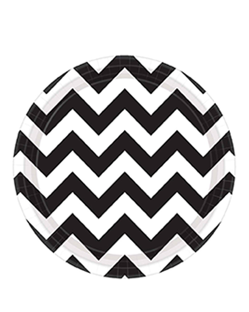 Jet Black Chevron 23cm Round Paper Plate Pack of 8