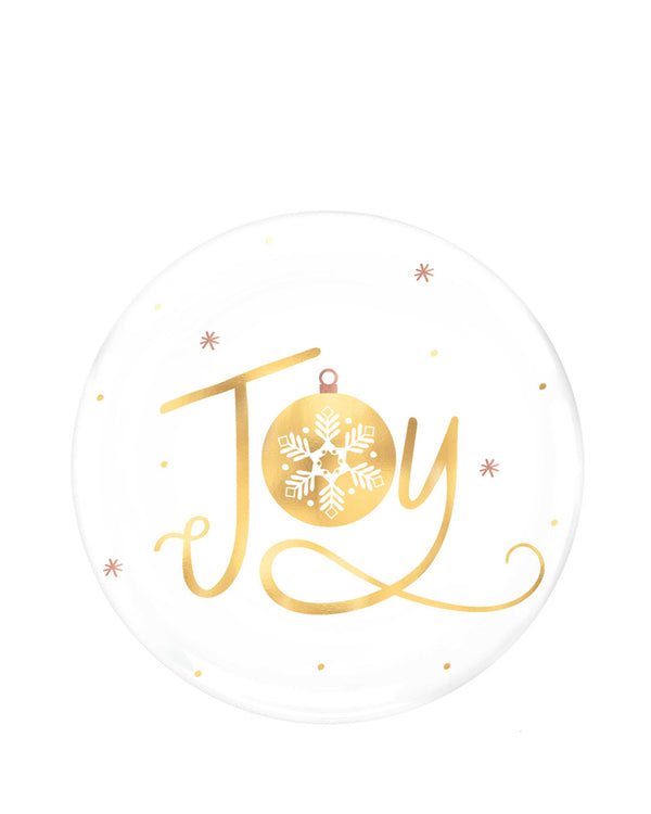 Image of round white plate with 'Joy' written in gold.