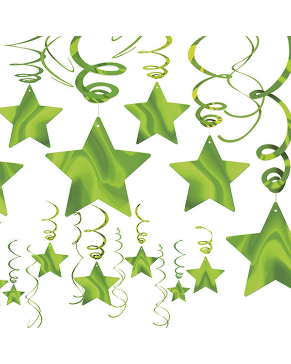 Kiwi Green Foil Star Hanging Swirl Decorations Pack of 30