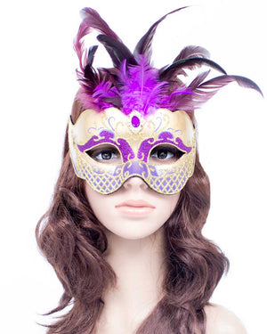 Gold Masquerade Mask with Purple Feather