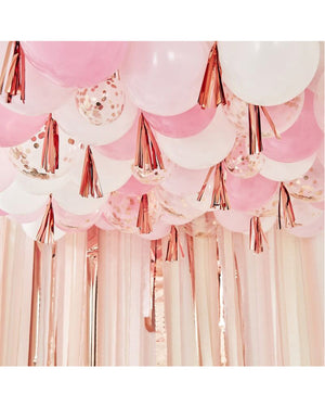 Mix It Up Blush White and Rose Gold Balloon Ceiling with Tassels