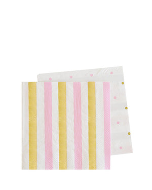 Gold and Pink Stripe and Dots Cocktail 12cm Napkins Pack of 20