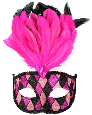 Pink and Black Masquerade Mask with Feathers