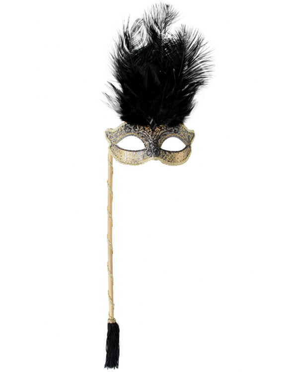 Black Masquerade Mask with Stick and Feathers