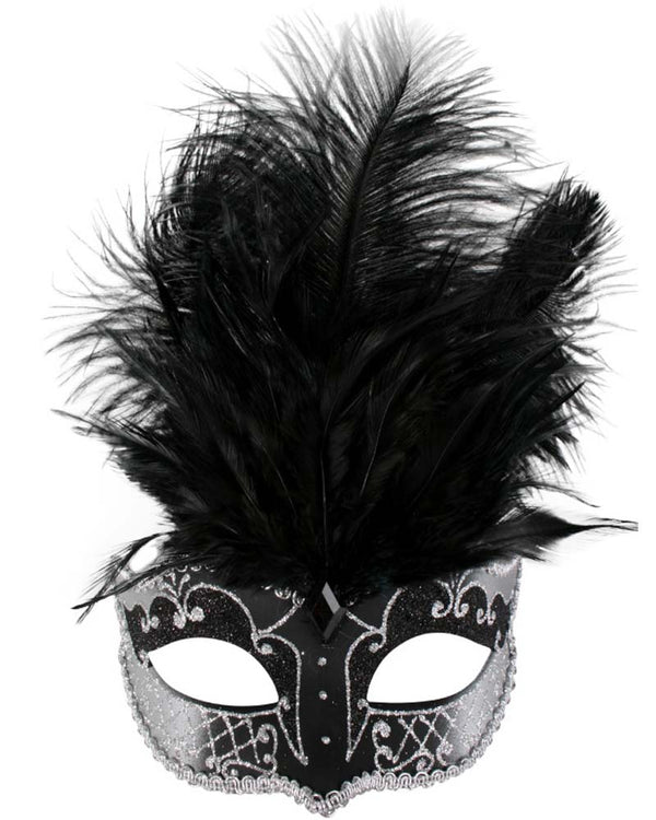 Black and Silver Masquerade Half Mask with Feathers
