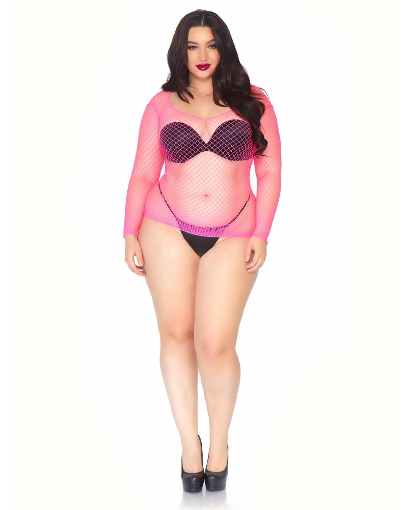 80s Neon Pink Spandex Long Sleeved Net Plus Size Womens Shirt