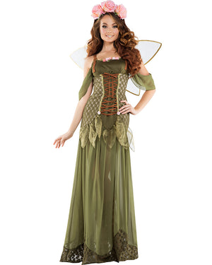 Woman wearing full length green dress with fairy wings and flower crown