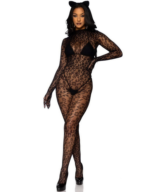 Seamless Leopard Net Gloved Catsuit