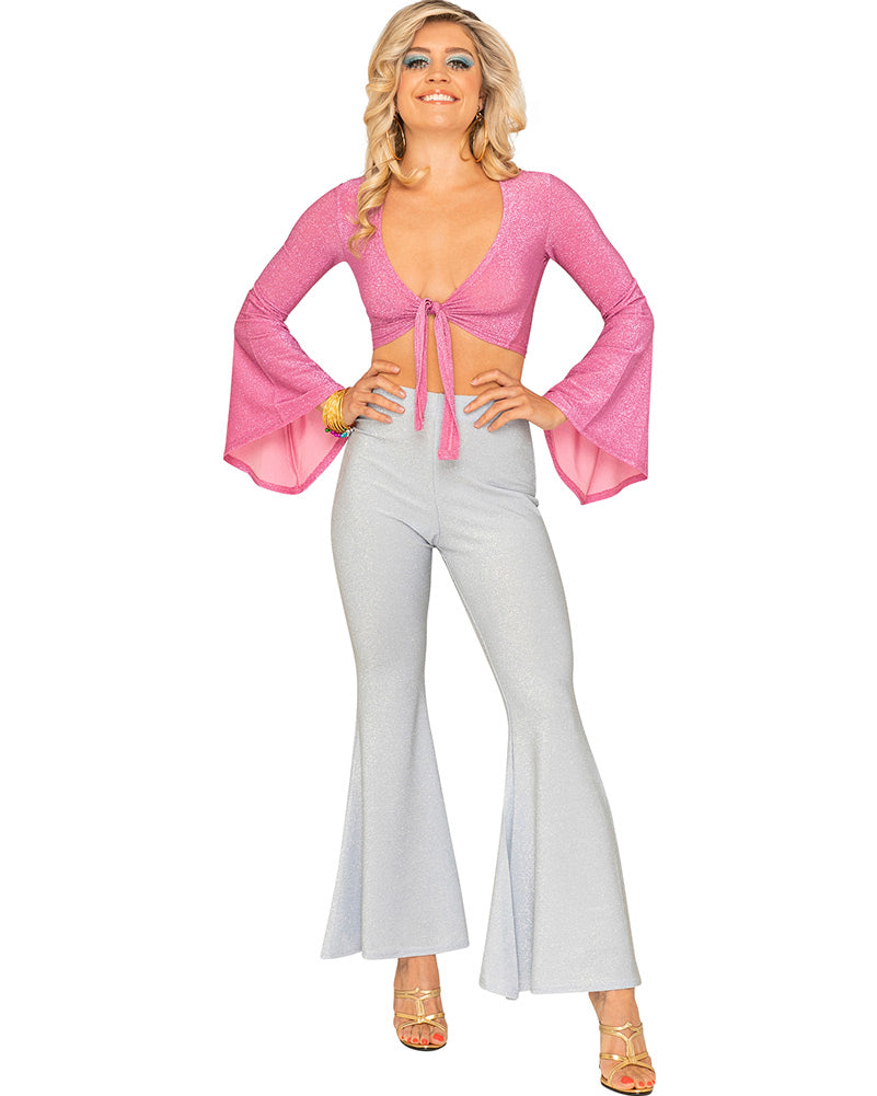 Shake It Pink Sparkle 70s Womens Tie Front Shirt