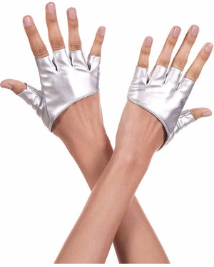 Short Silver Faux Leather Fingerless Gloves