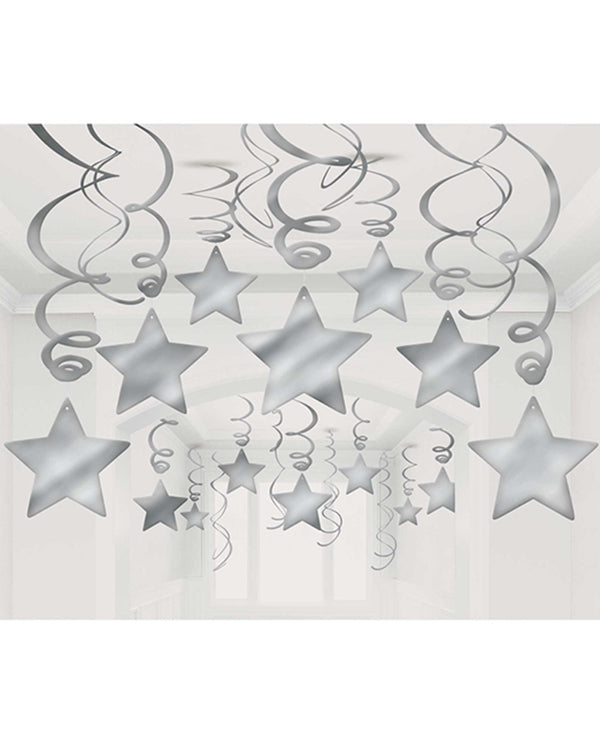 Silver Foil Shooting Stars Hanging Swirl Decorations Mega Pack of 30
