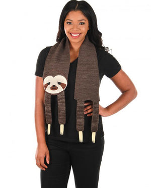 Image of woman wearing brown sloth scarf.