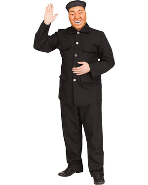 Image of man wearing black Kim Jong Un costume.