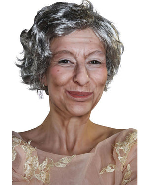 Image of woman wearing grey old lady wig.