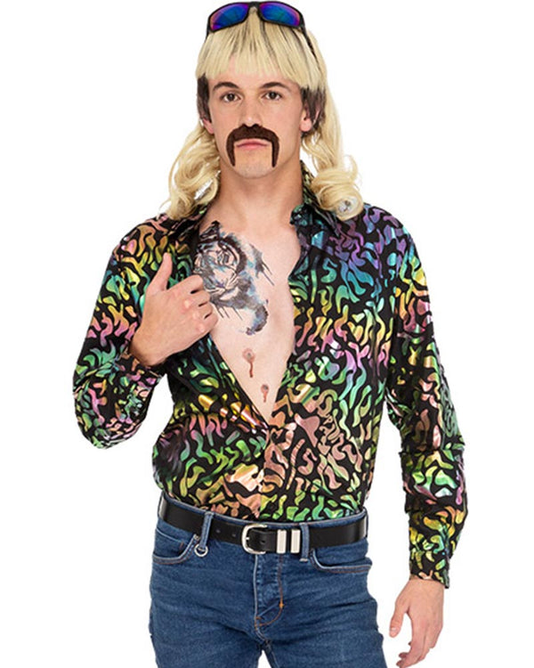 Image of man wearing mullet wig, moustache and Tiger King Joe Exotic inspired shirt.