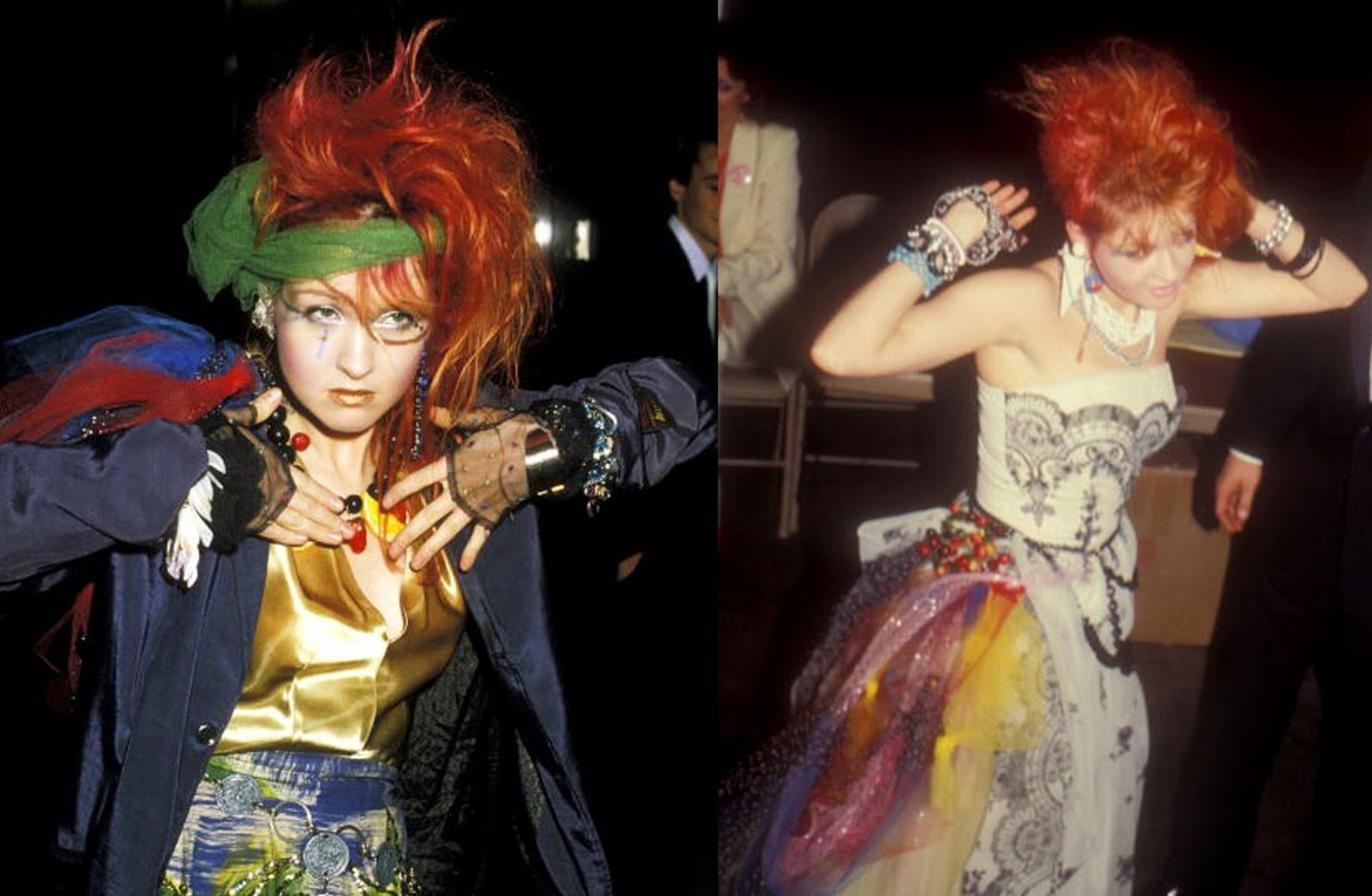 Two images of woman dressed in colourful 80s costumes with big red hair. 