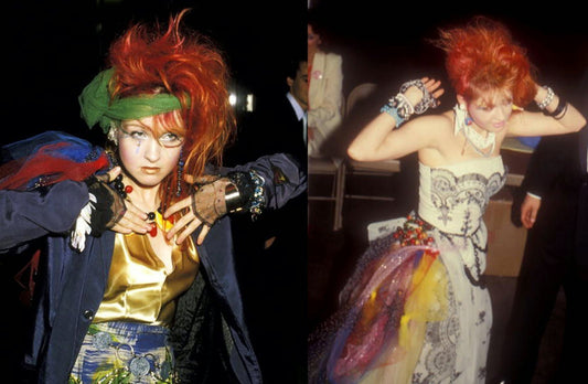 Two images of woman dressed in colourful 80s costumes with big red hair. 