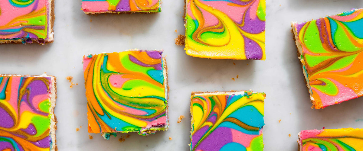 Image of rainbow cheesecake bars.