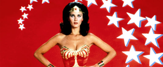 Image of Wonder Woman on a red background with stars.