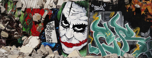 Graffiti image of The Joker surrounded by other graffiti.